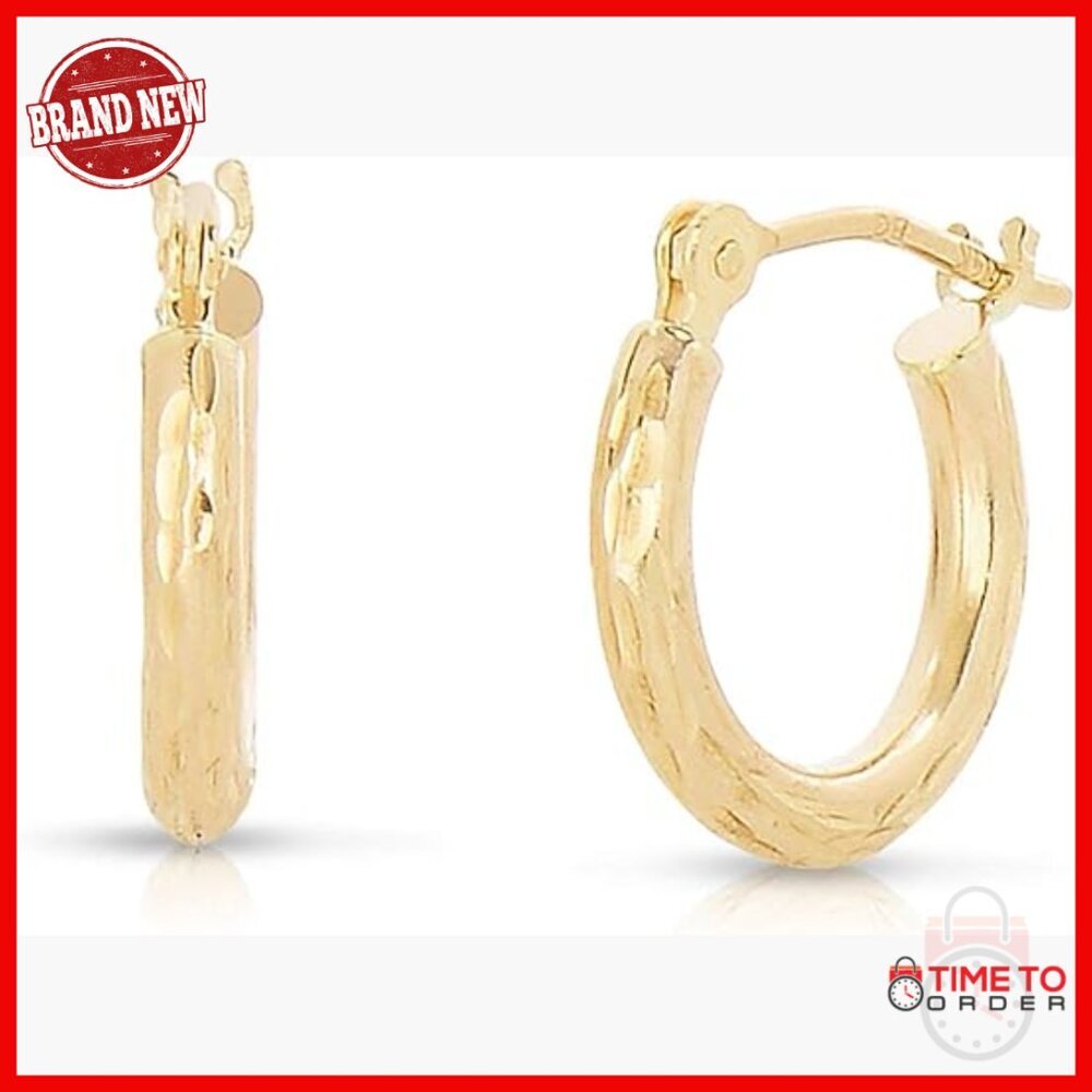 14K Gold Diamond-Cut Hoop Earrings 12mm Petite Real Gold - Picture 1 of 6